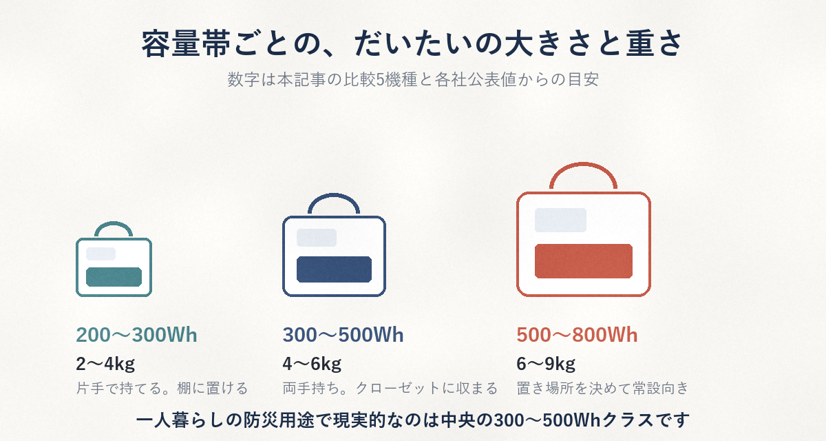 容量帯ごとの大きさと重さの目安