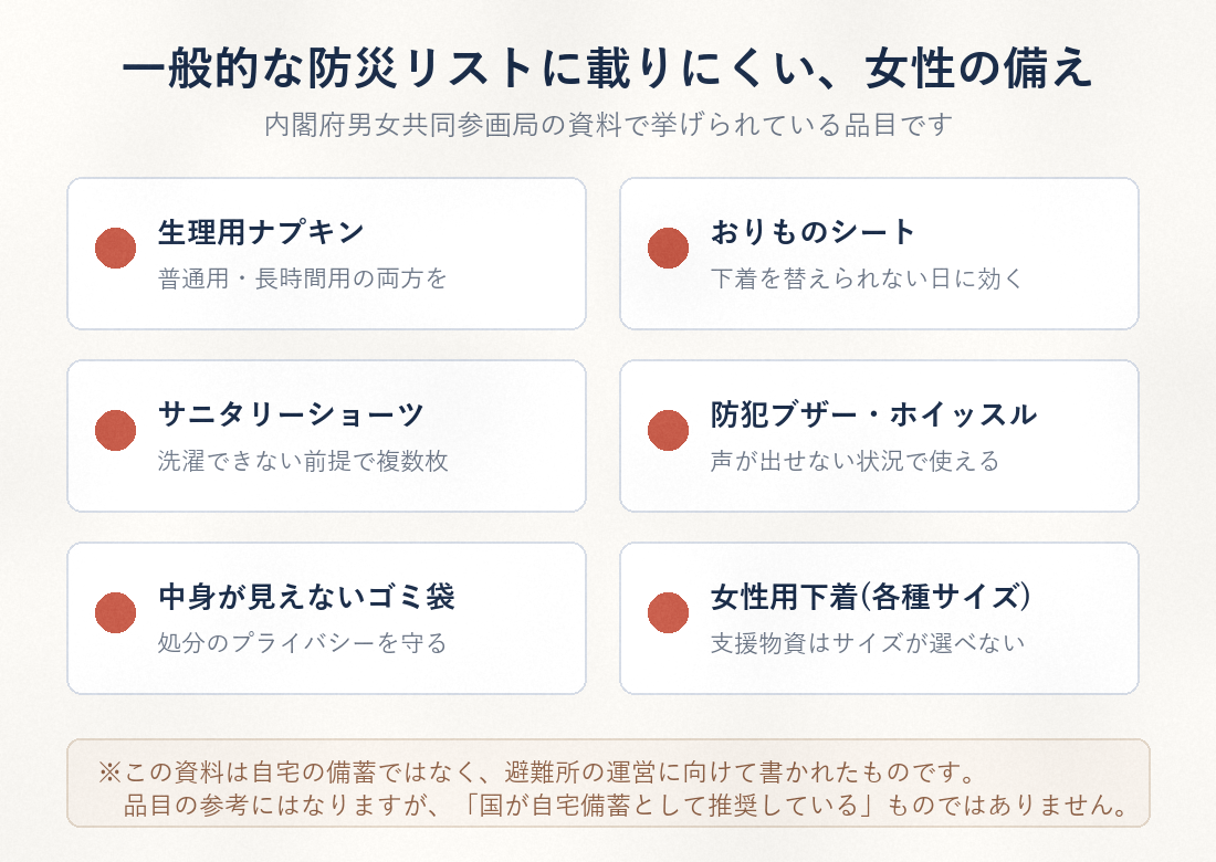 一般的な防災リストに載りにくい女性の備え6項目